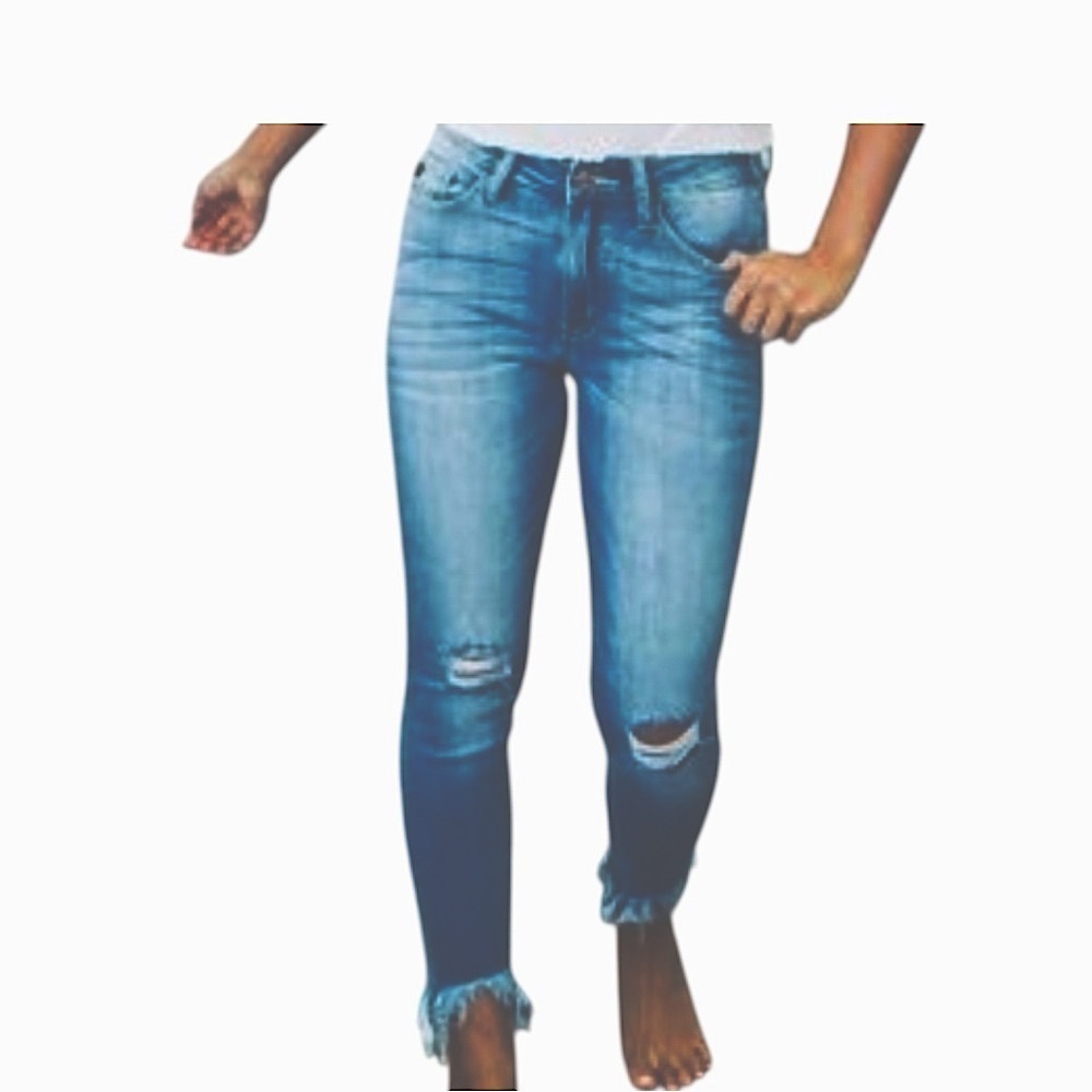 KANCAN HIGH RISE LIGHT WASH ANGLED FRAYED HEM ANKLE JEANS SZ 11/29